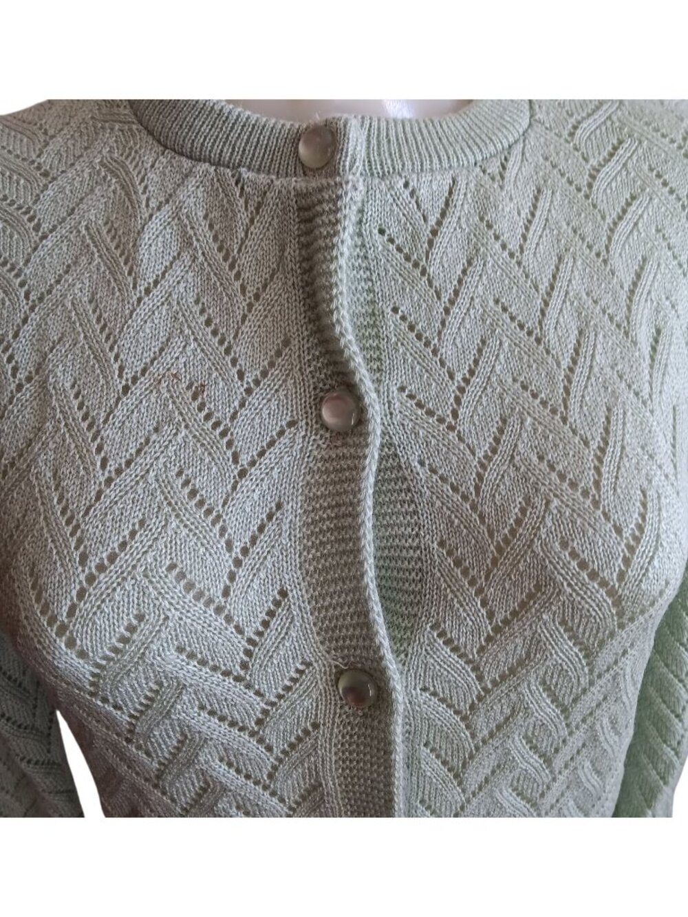 Medium True Vintage Cardigan Sweater Mint Green 19070's Knit Pearl Librarian